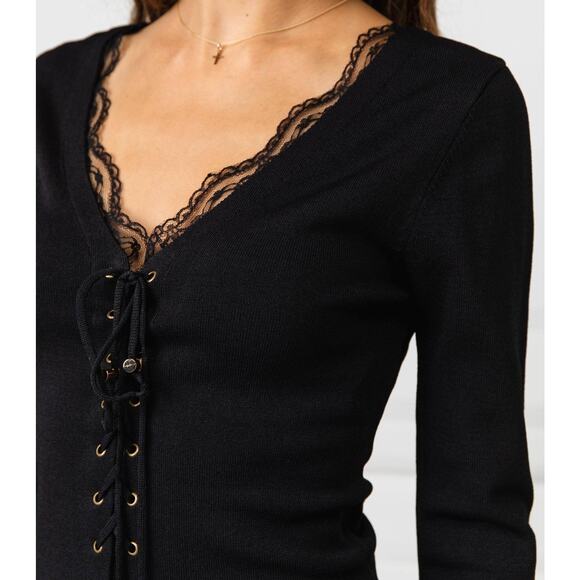 NWOT Silvian Heach TELAH Black Lace-Up Midi Dress Sz XL Long Sleeve Ribbed Knit - Picture 2 of 16